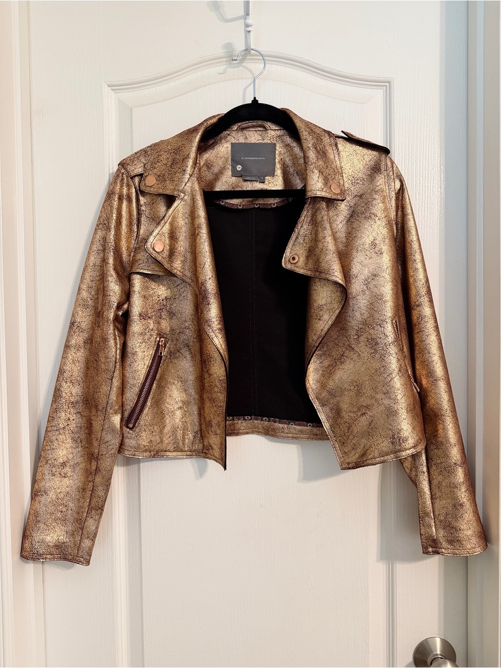 Anthropologie Metallic Rose Gold Cropped Moto Jacket Sz M